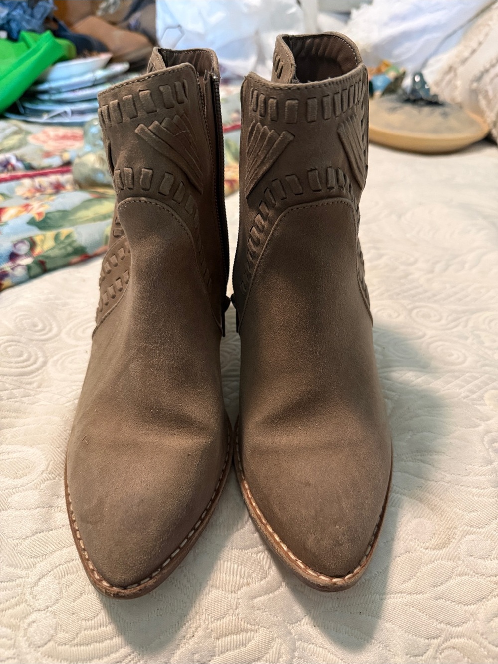 Zigi Soho Taupe Suede Ankle Booties with Western Stitching